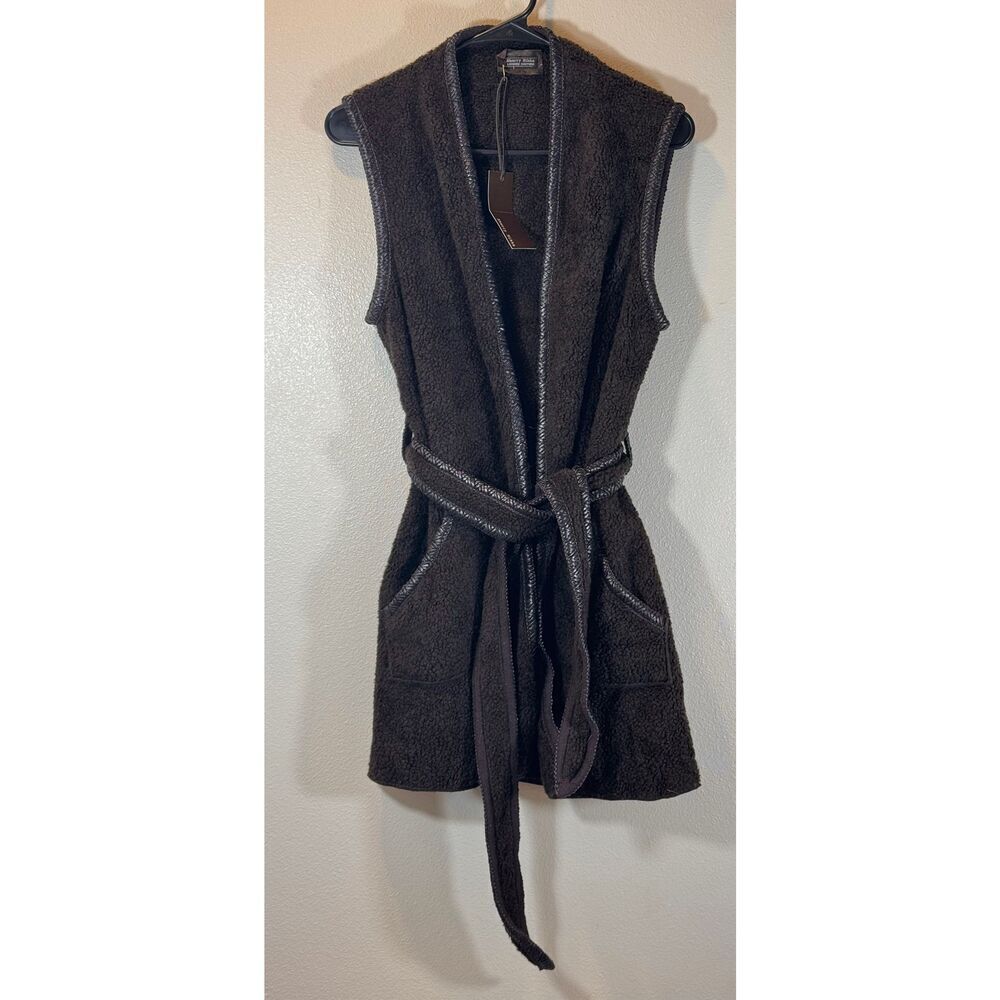 NWT Sherry Nikka Sherpa 100% Leather Trim Open Front Tie Vest Cardigan